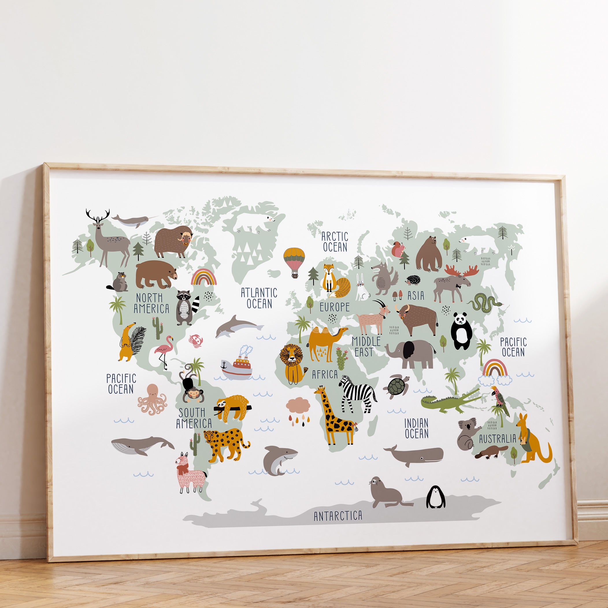 Boys Animal World Map Nursery, Bedroom & Playroom Wall Art Prints