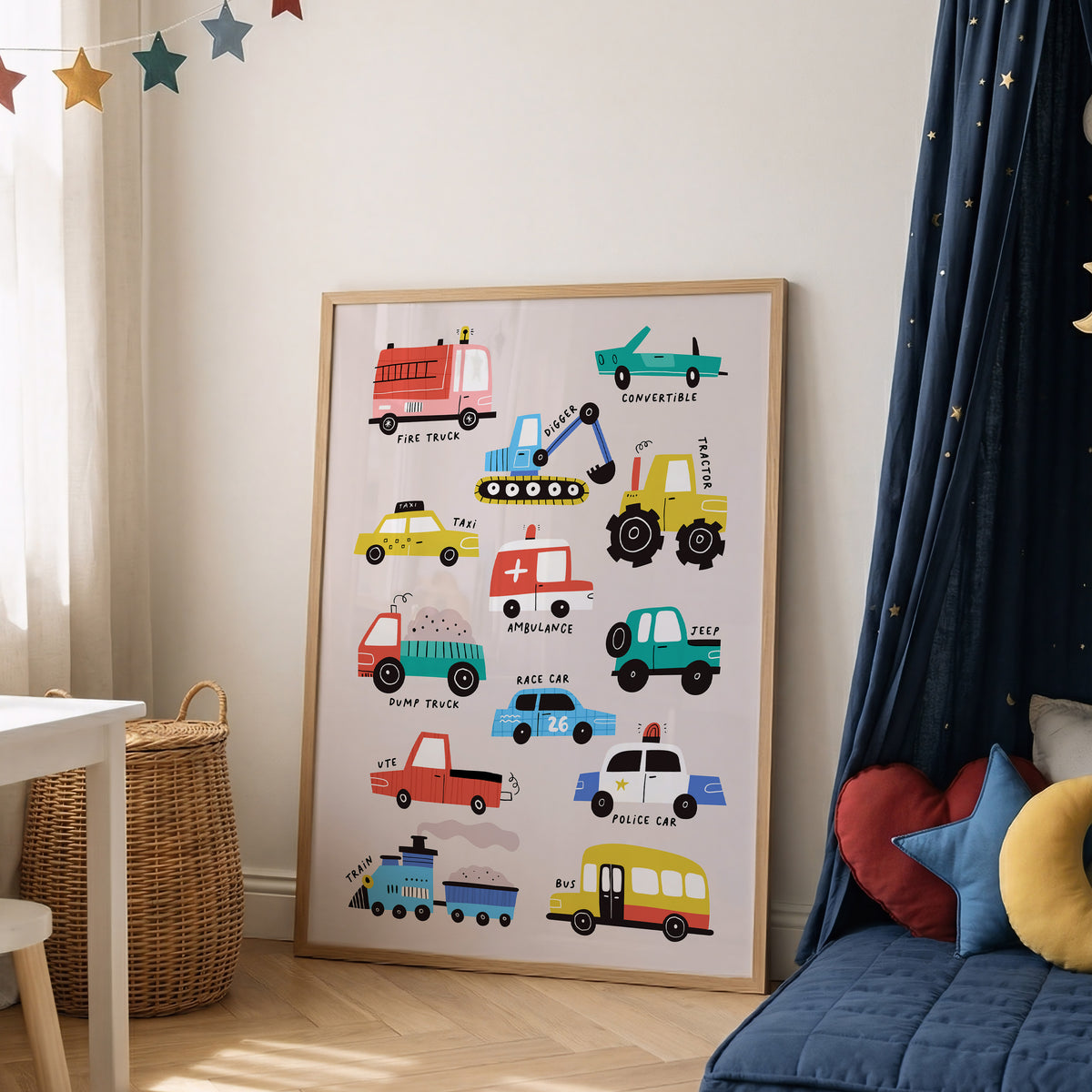 Colourful Transport Print | Cars, Trucks & Trains