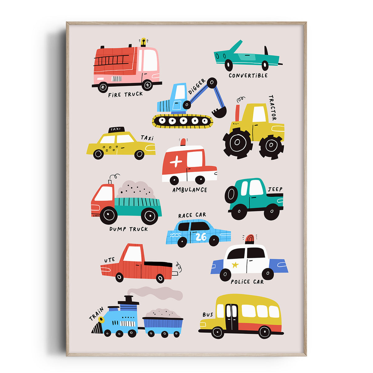 Colourful Transport Print | Cars, Trucks & Trains