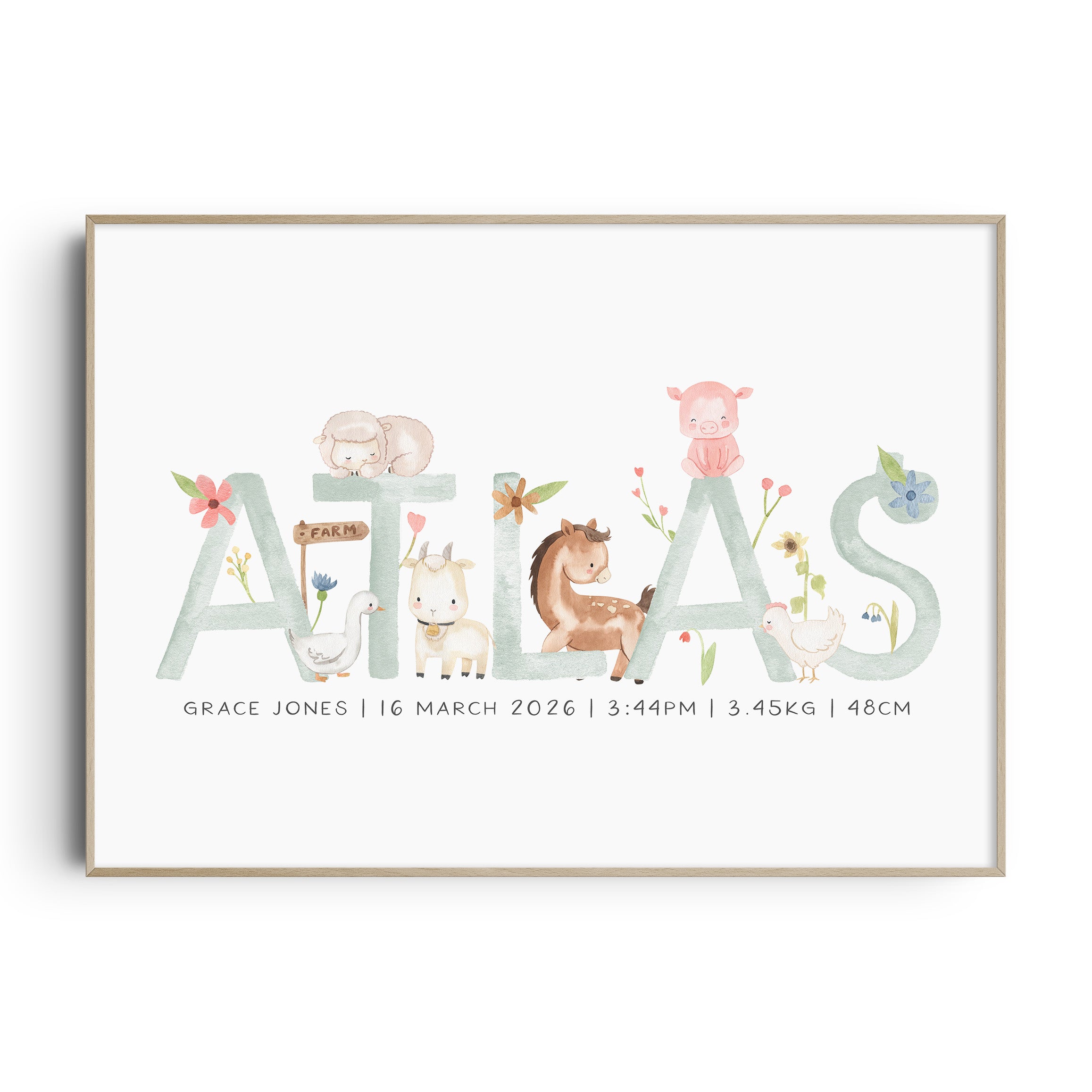 Floral Farm Animal Name Print