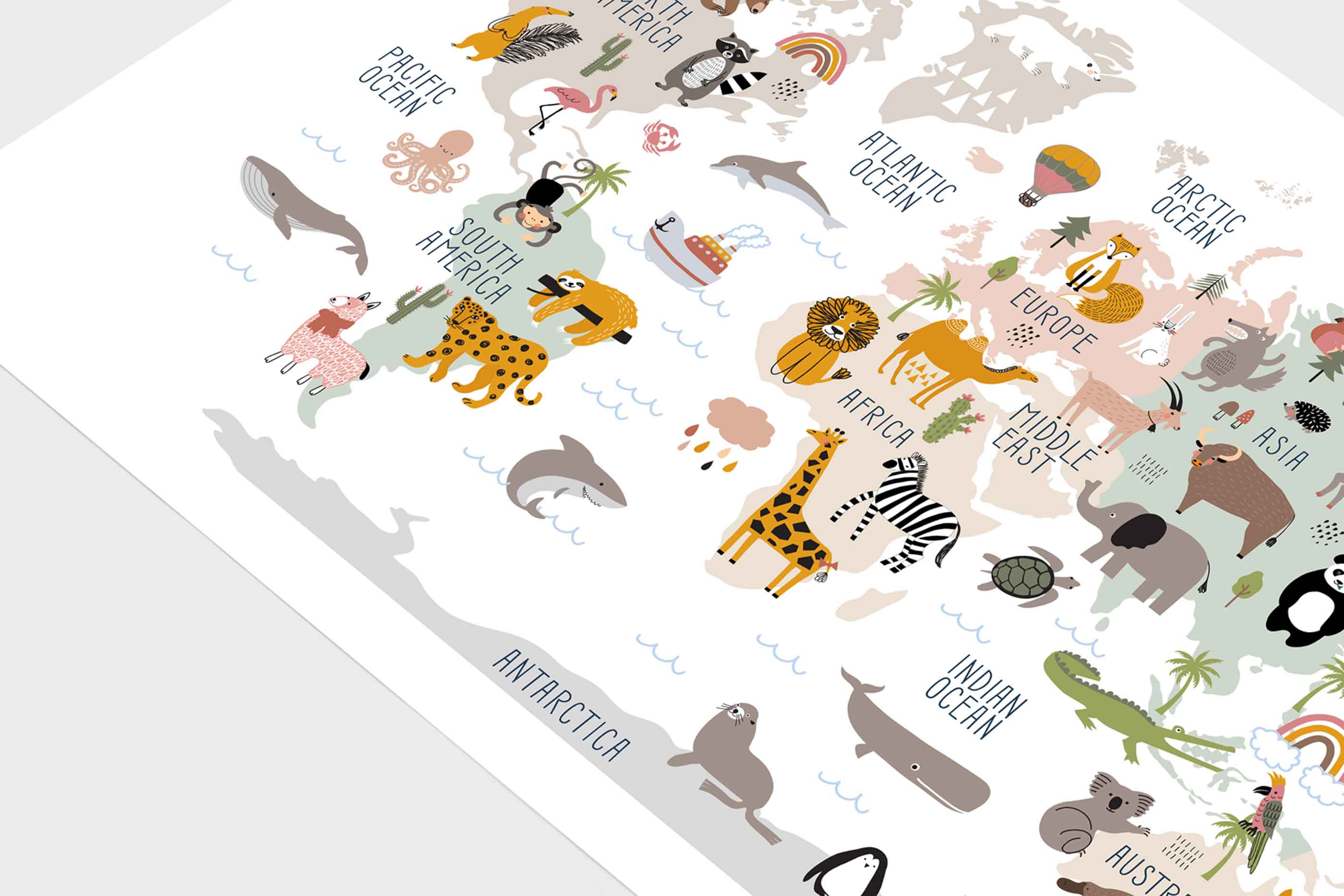 Animal World Map Nursery Wall Art Print