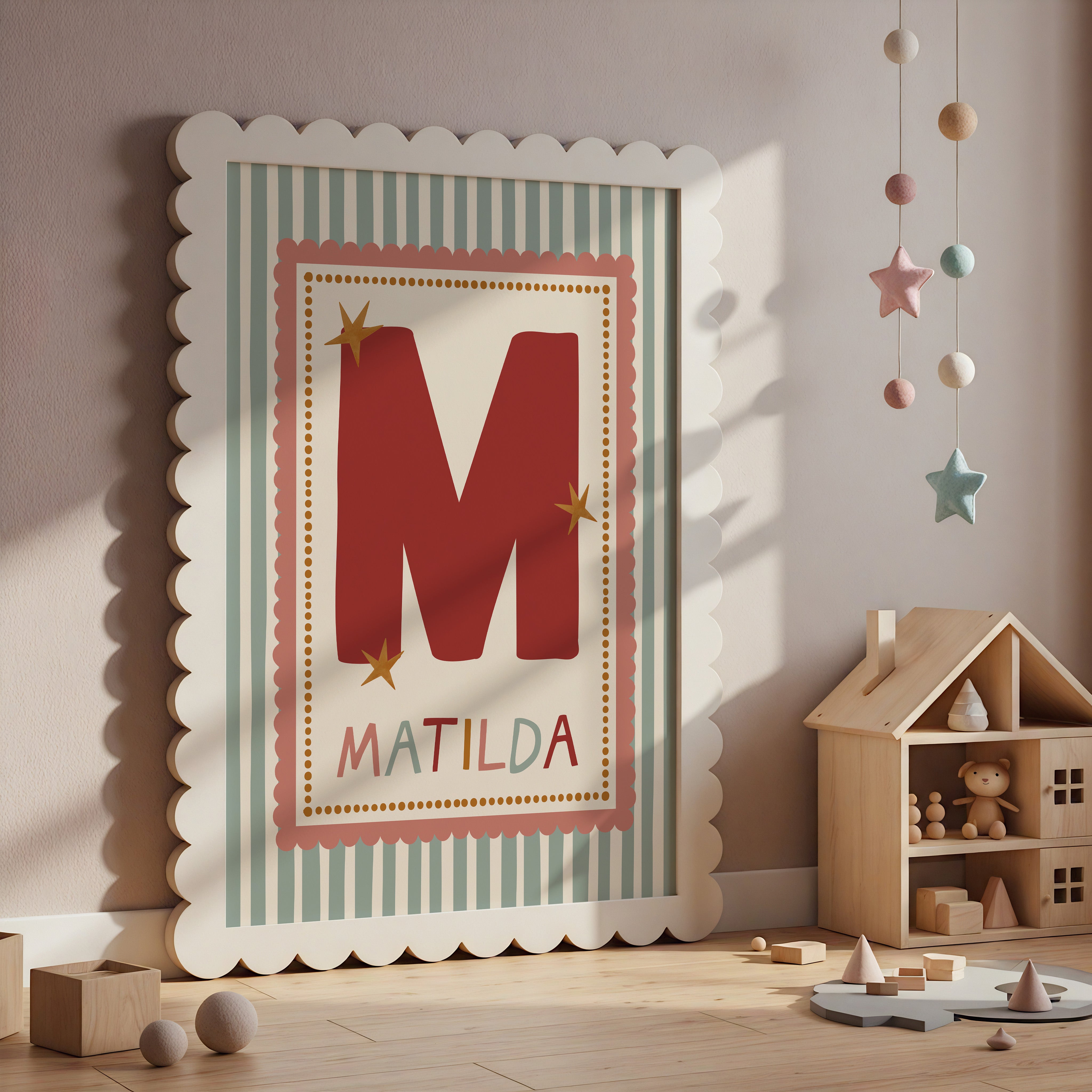 Pink Scallop Green Stripe Letter & Name Print