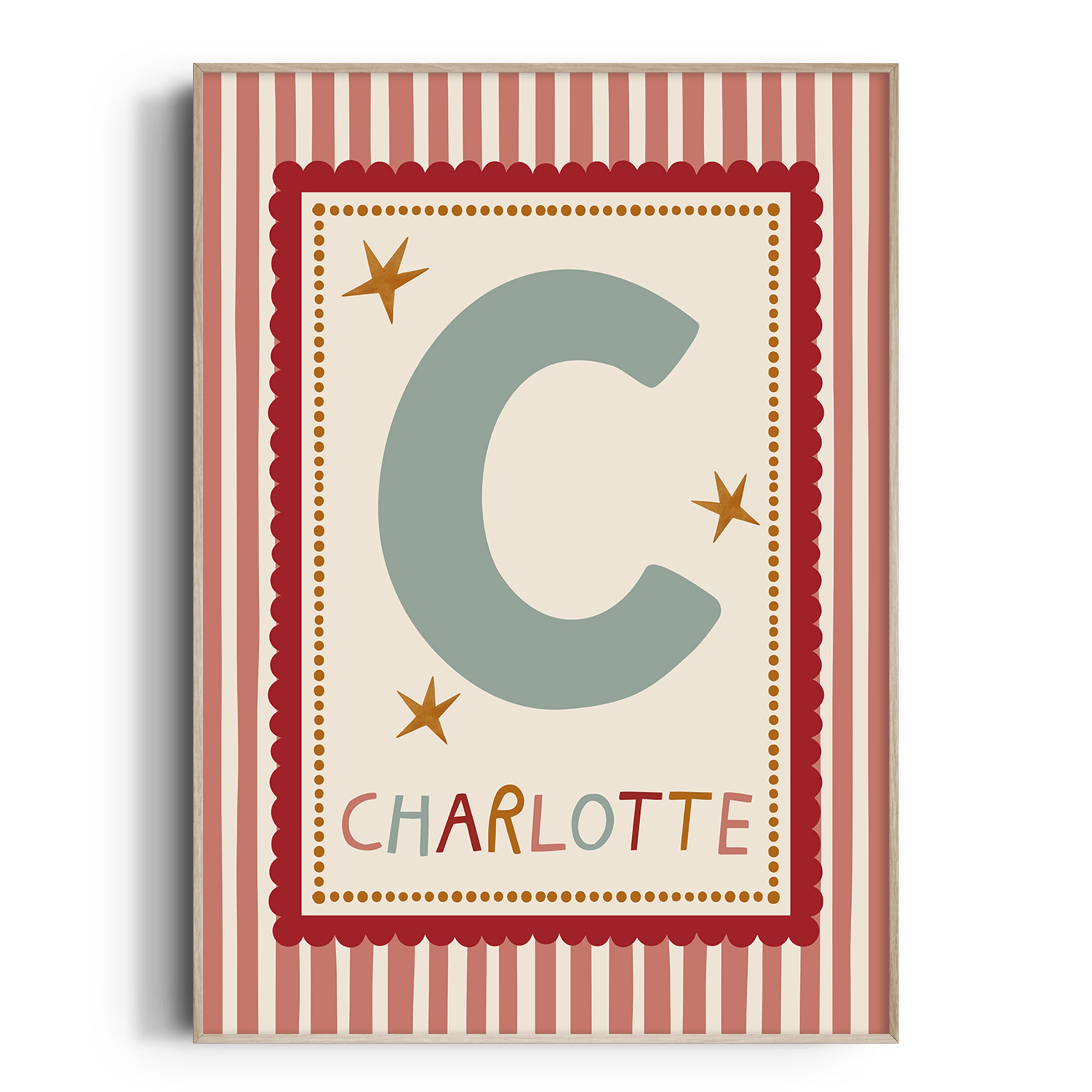 Red Scallop Pink Stripe Letter & Name Print