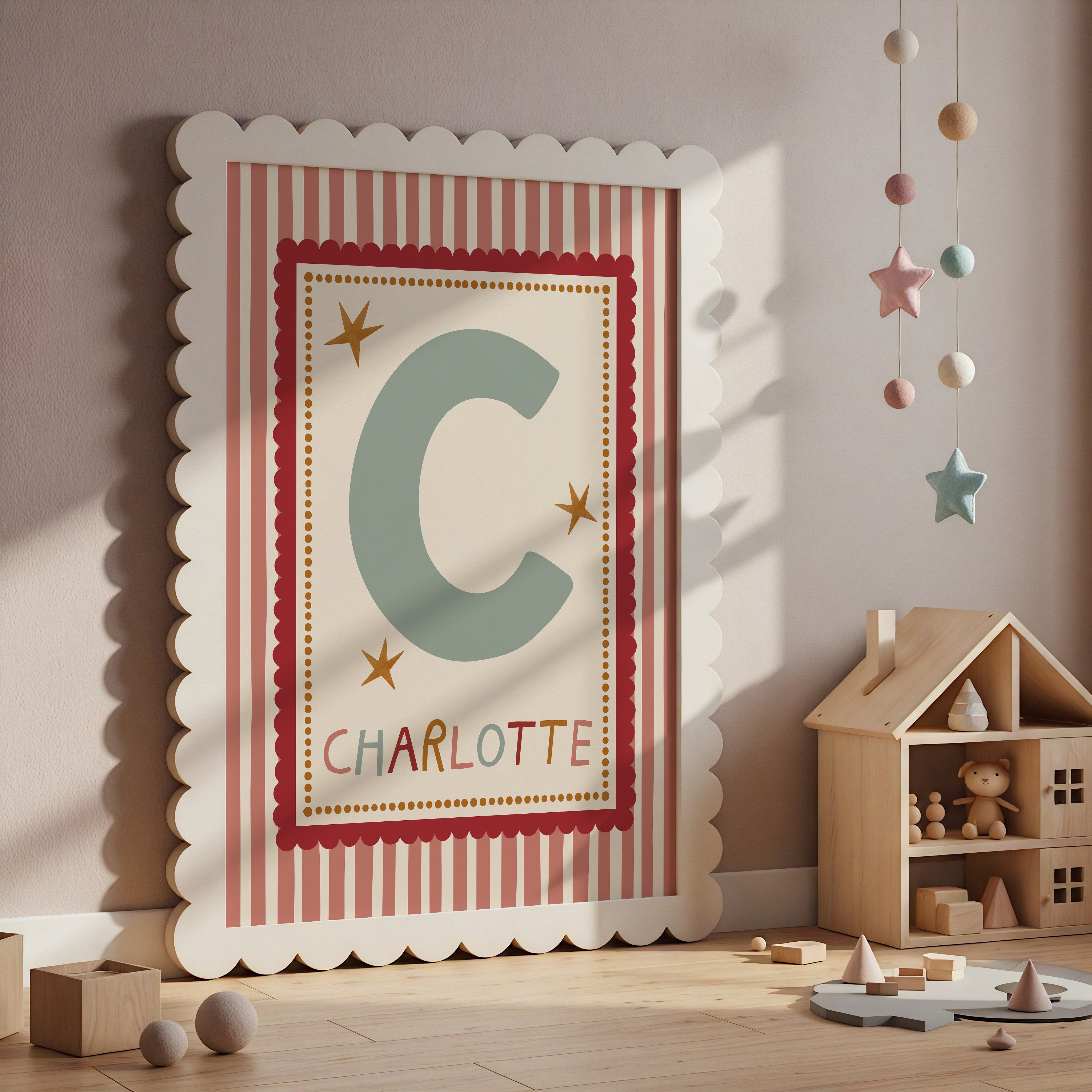 Red Scallop Pink Stripe Letter & Name Print