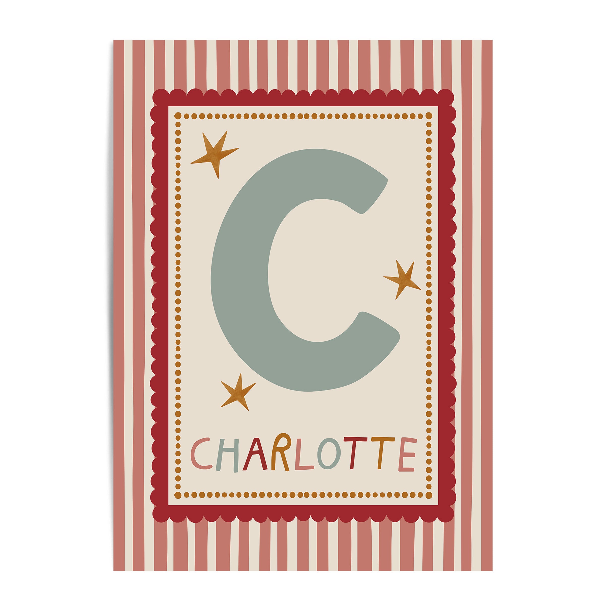Red Scallop Pink Stripe Letter & Name Print