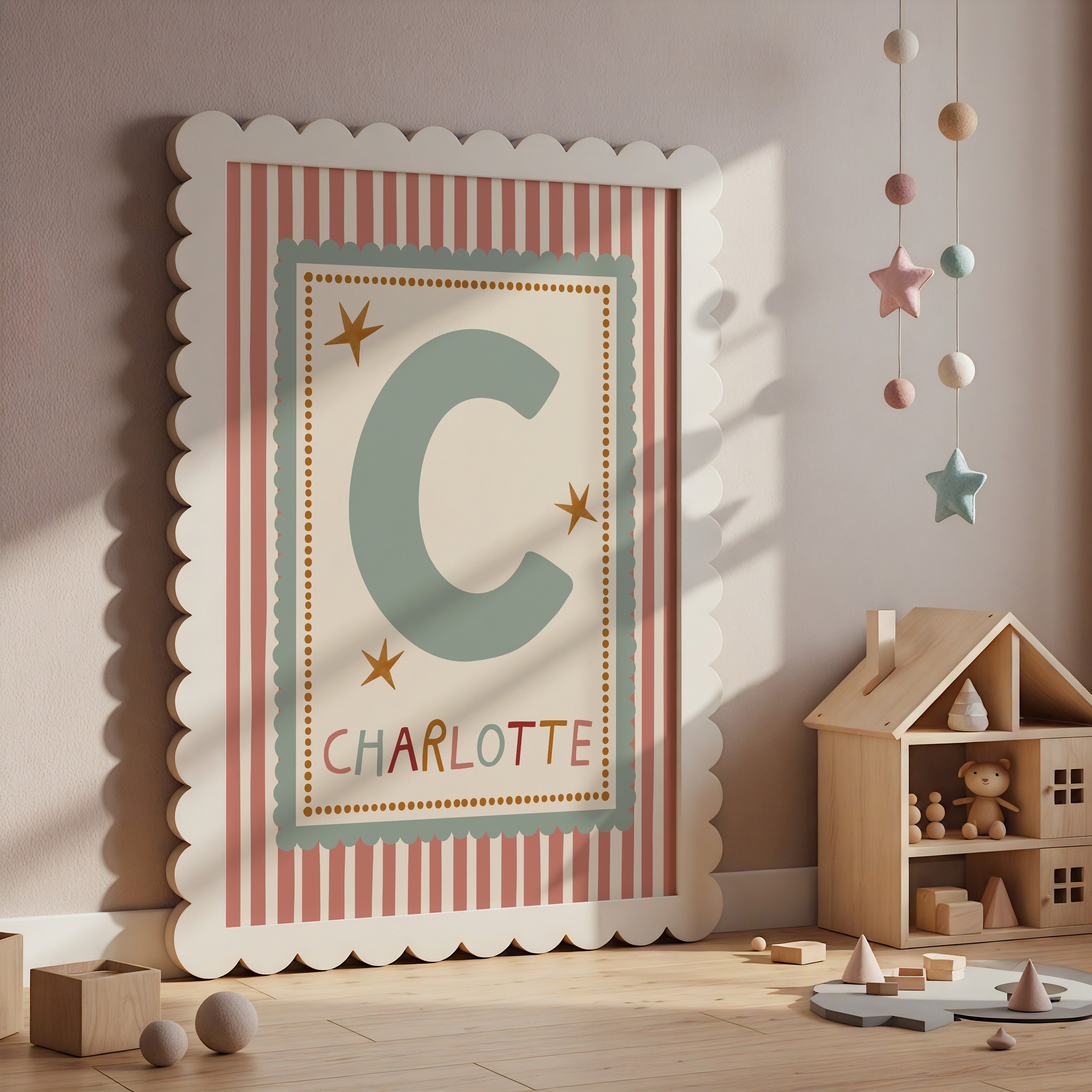 Green Scallop Pink Stripe Letter & Name Print