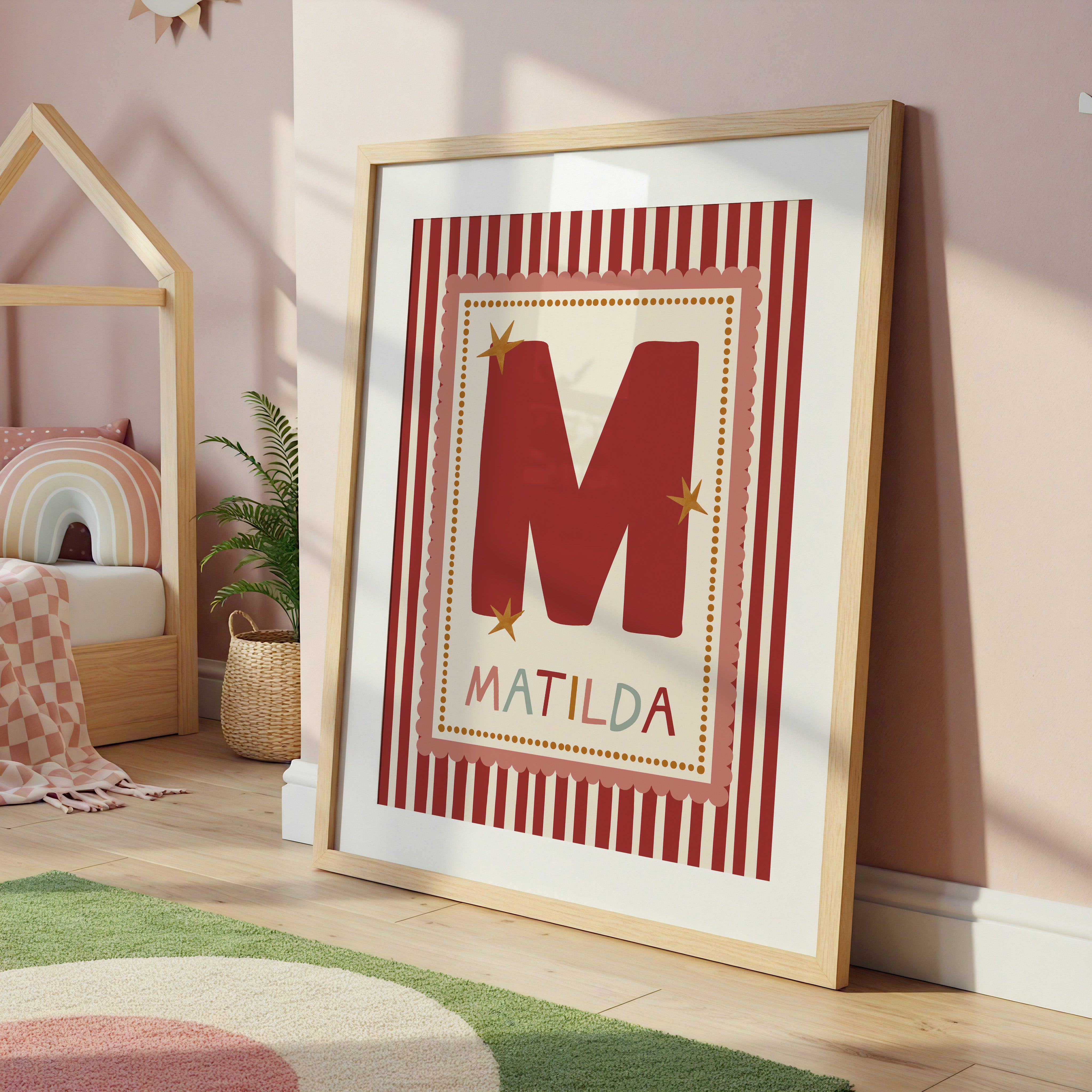 Pink Scallop red Stripe Letter & Name Print