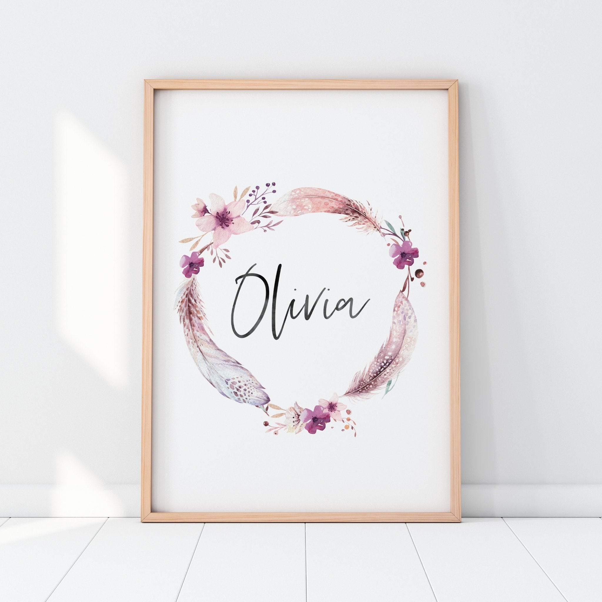 Boho Feather & Floral Wreath Name Print