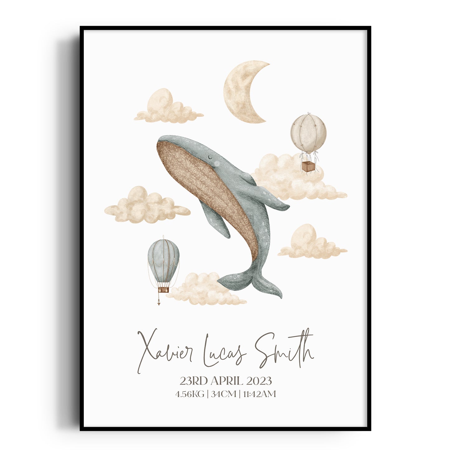 Boho Whale & Hot Air Balloon Birth Print