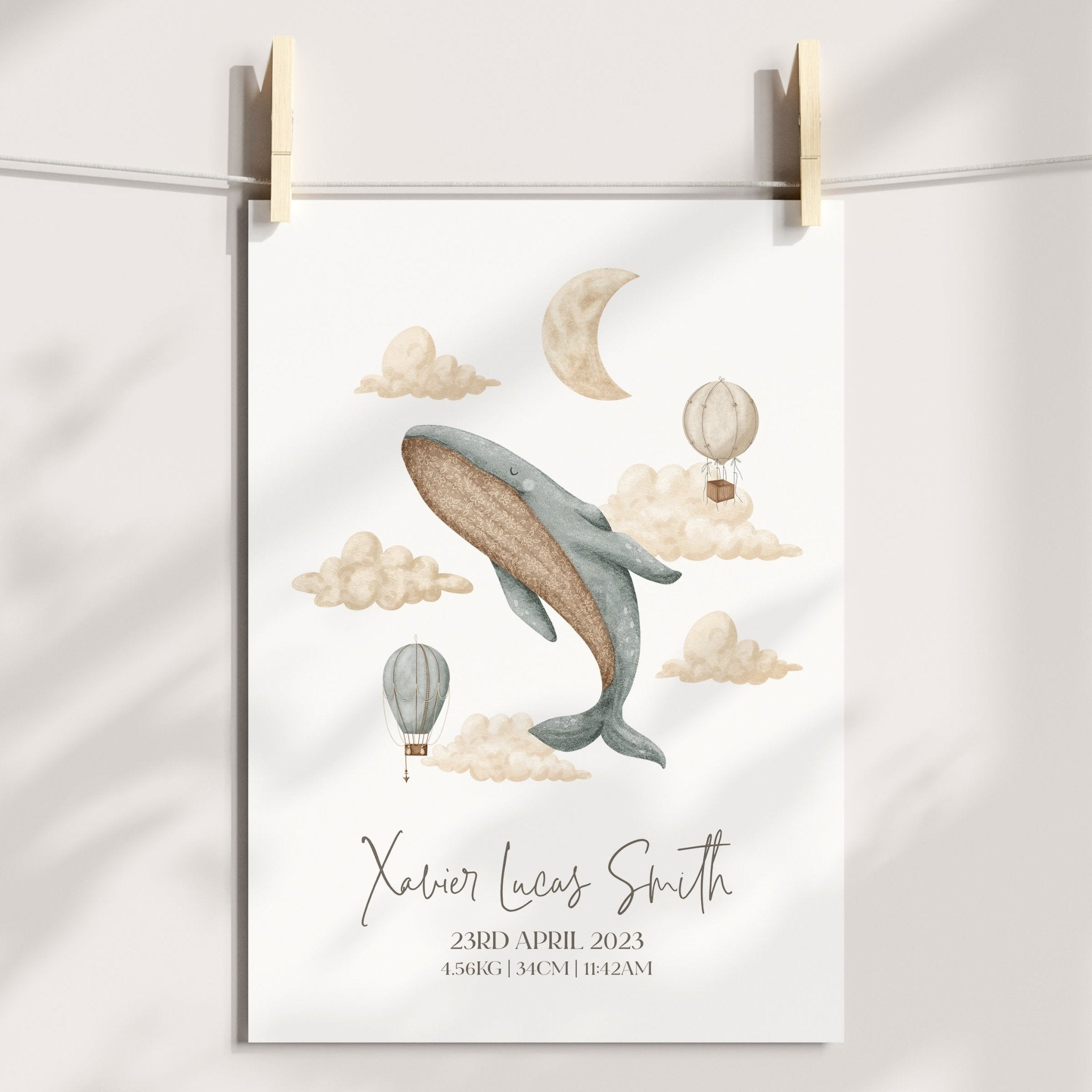 Boho Whale & Hot Air Balloon Birth Print
