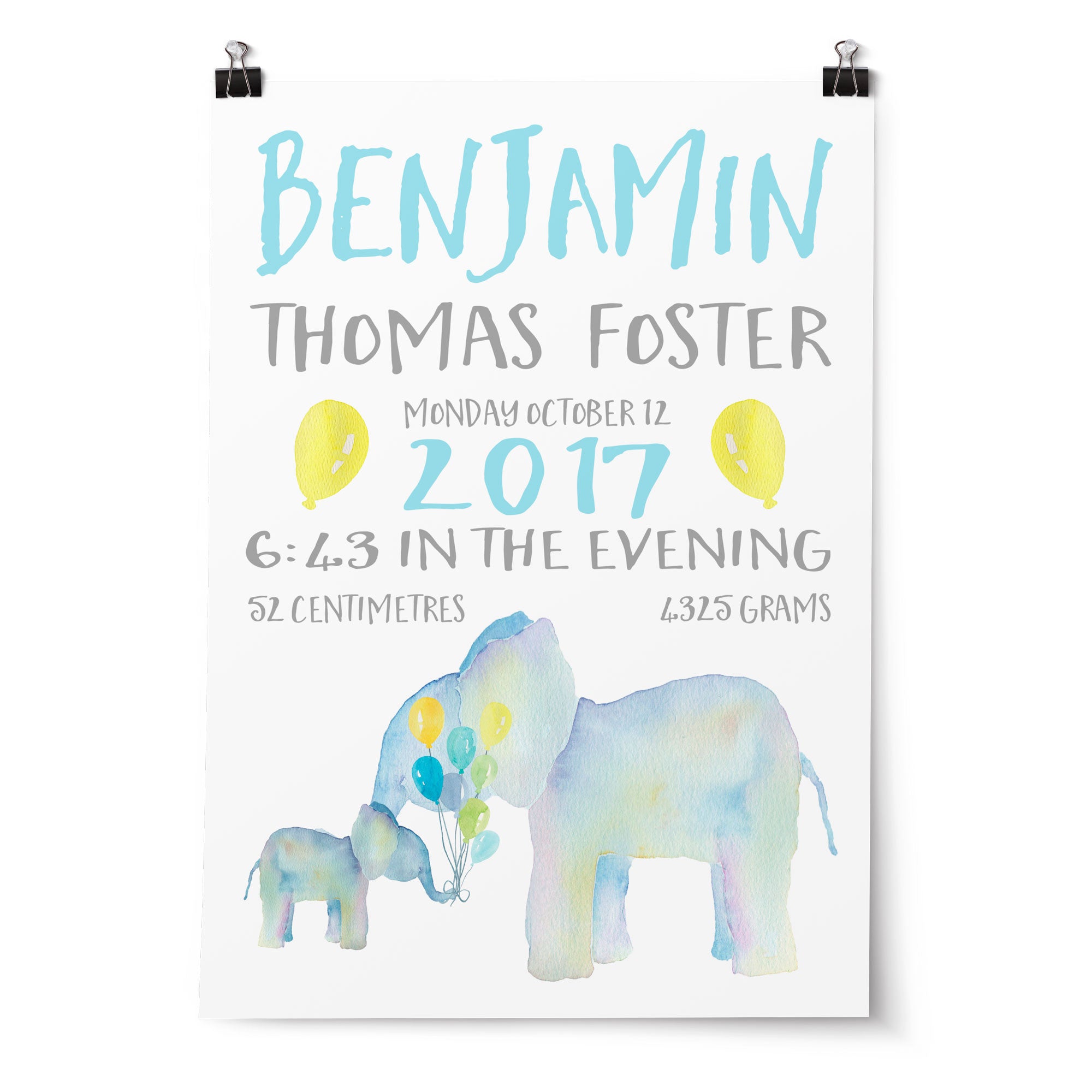 Watercolour Elephants & Birth Prints