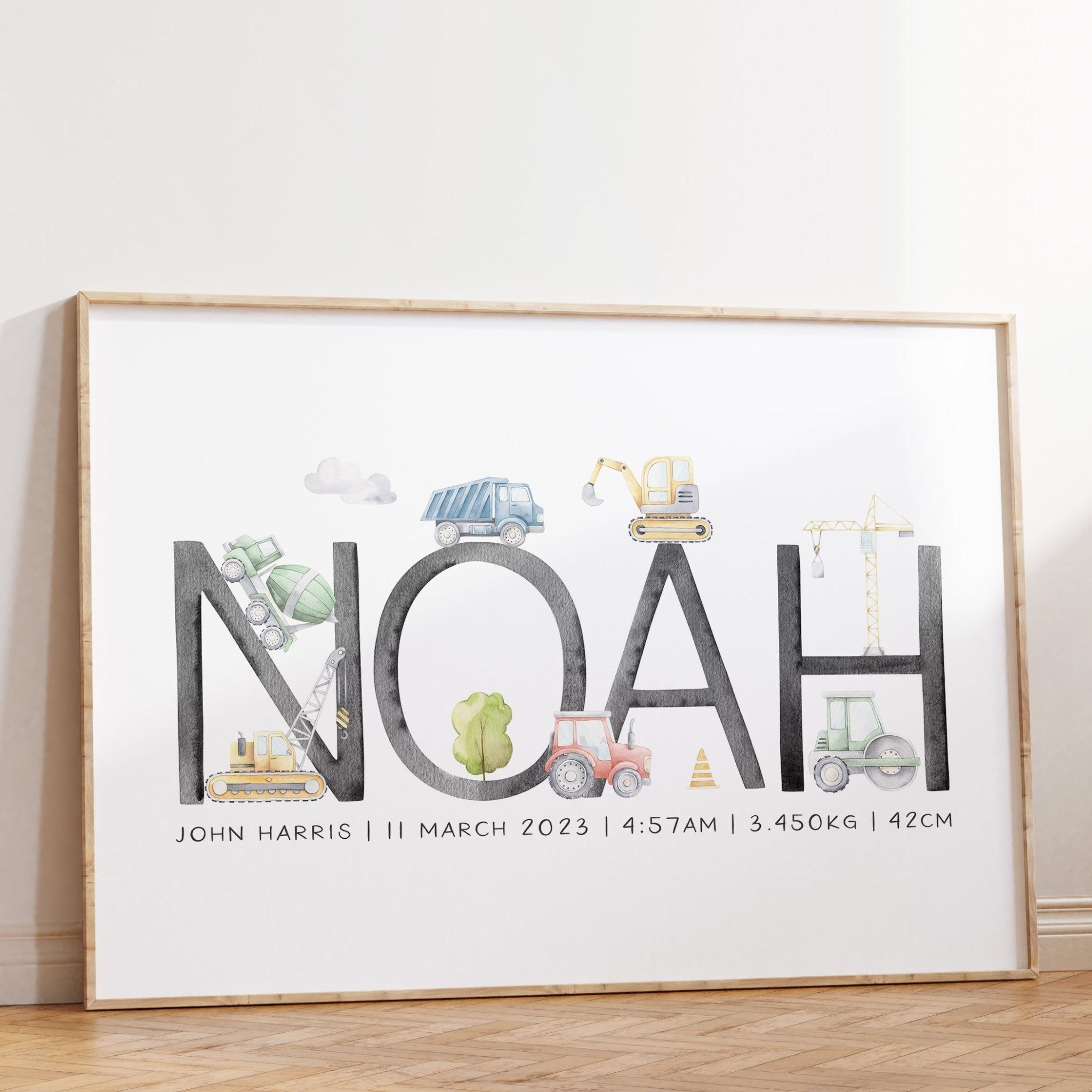 boys construction vehicle nursery wall art name print