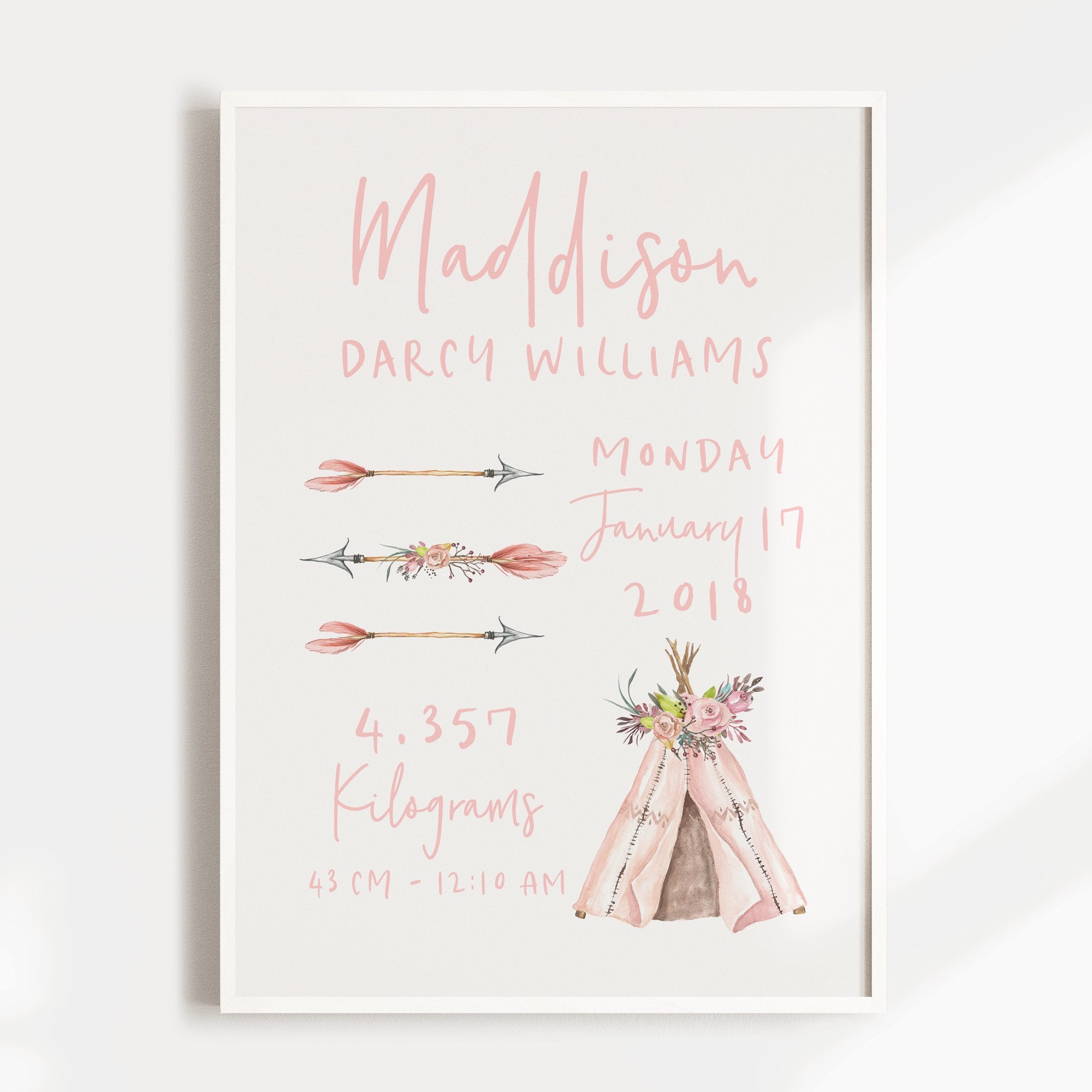 Floral Boho Tribal Teepee & Arrow Birth Print