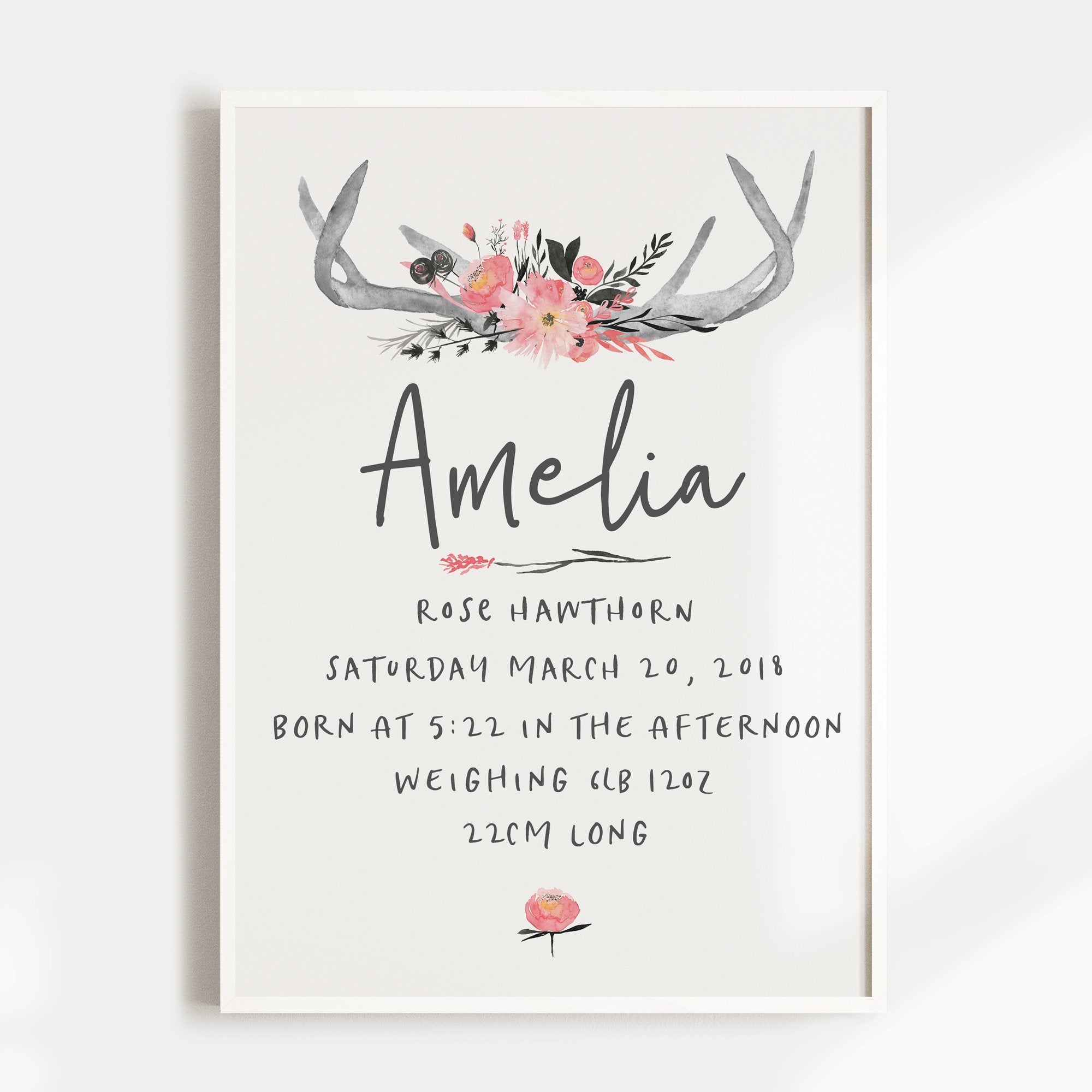 Floral Woodland Antler Birth Print