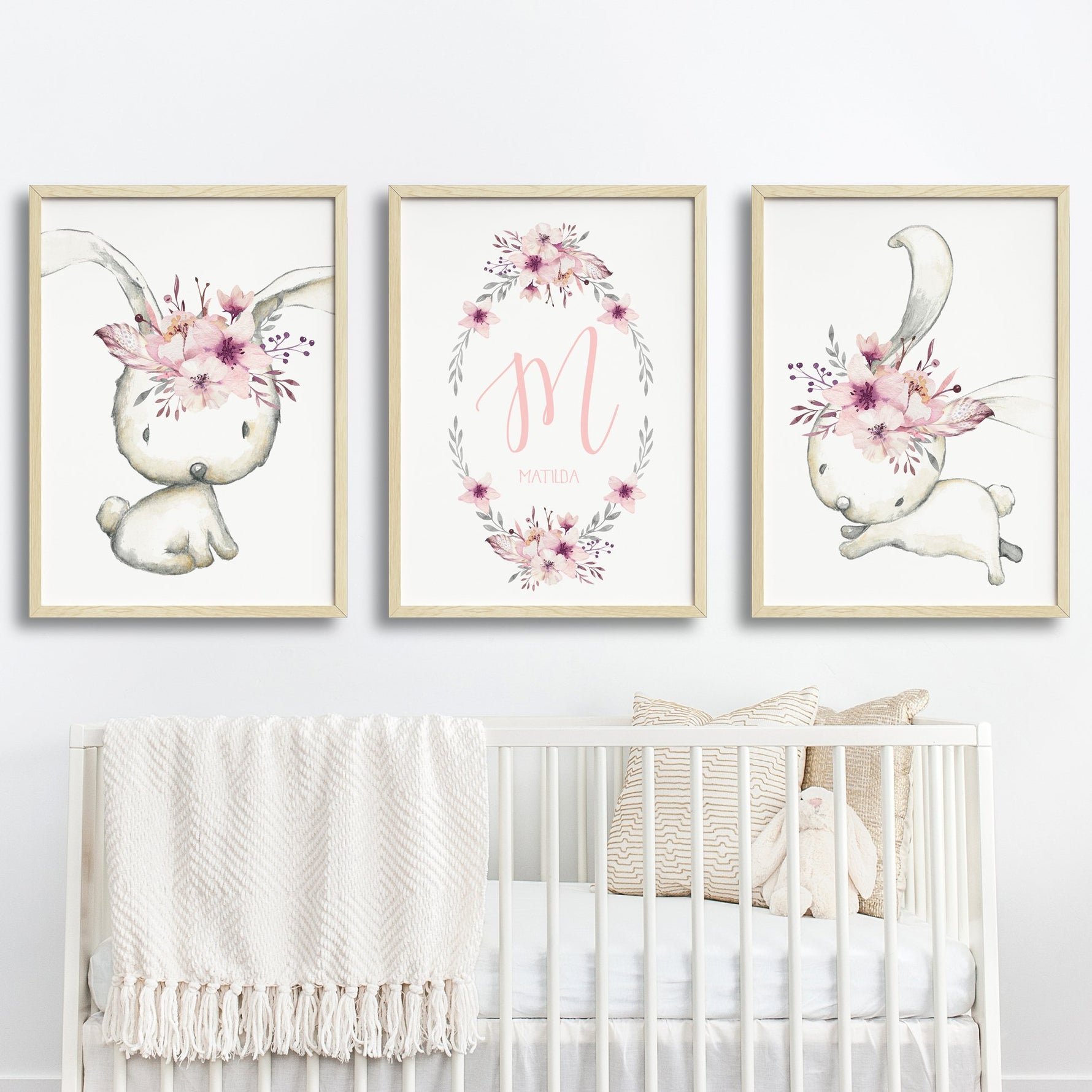 Girls Pink Floral Boho Bunny Nursery Print Set