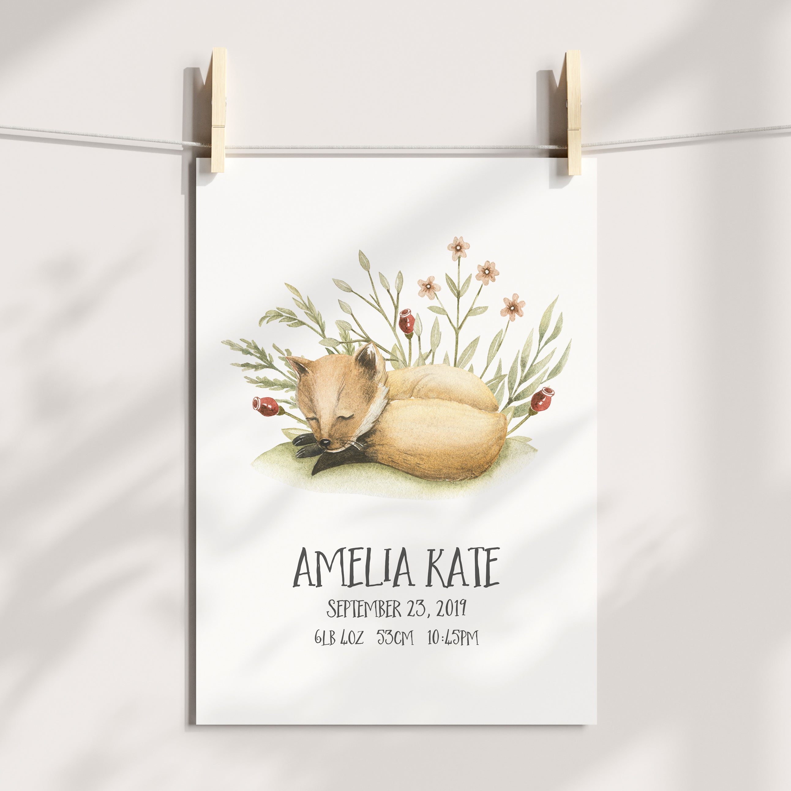 Woodland Baby Fox Birth Print