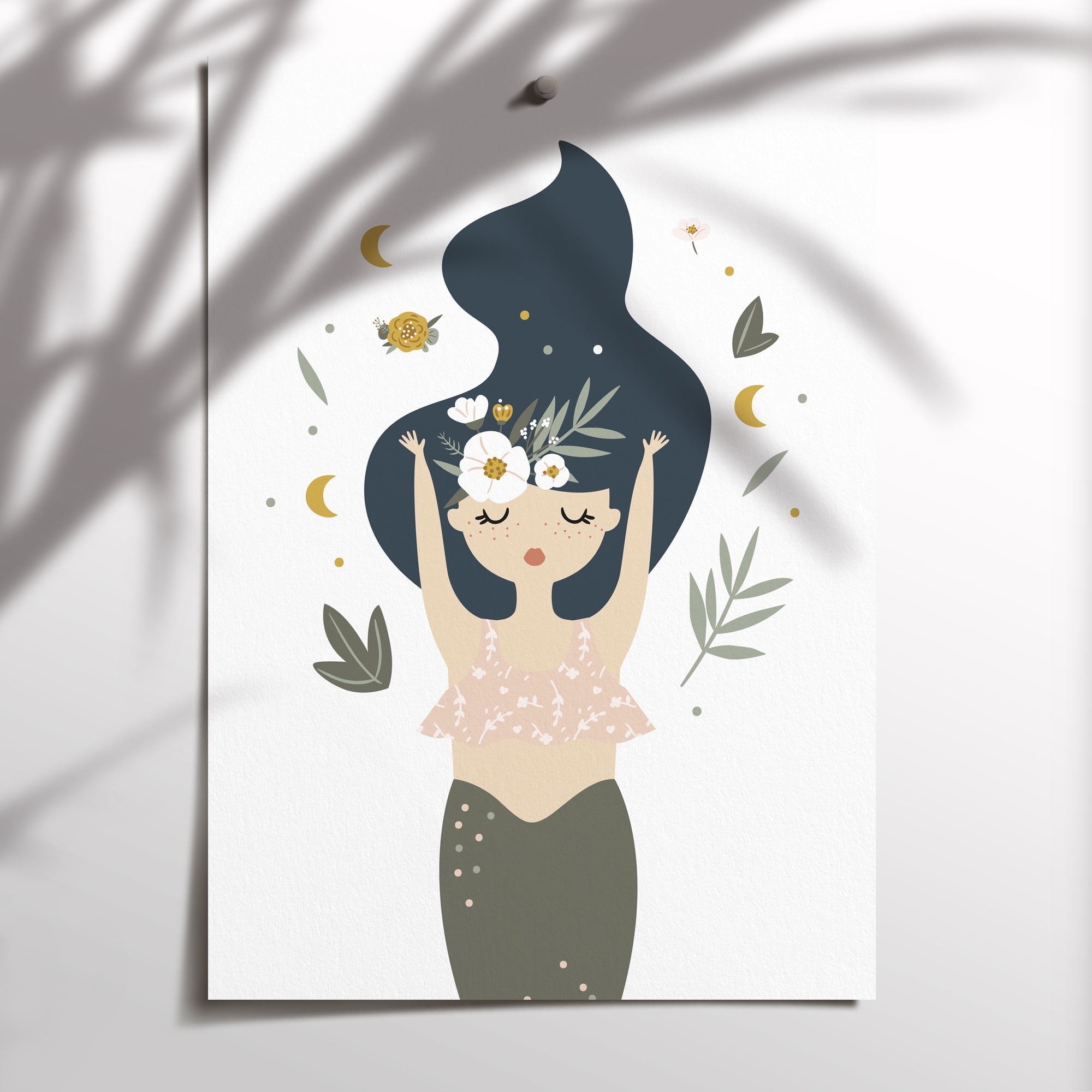 Mermaid, Moon & Name Print