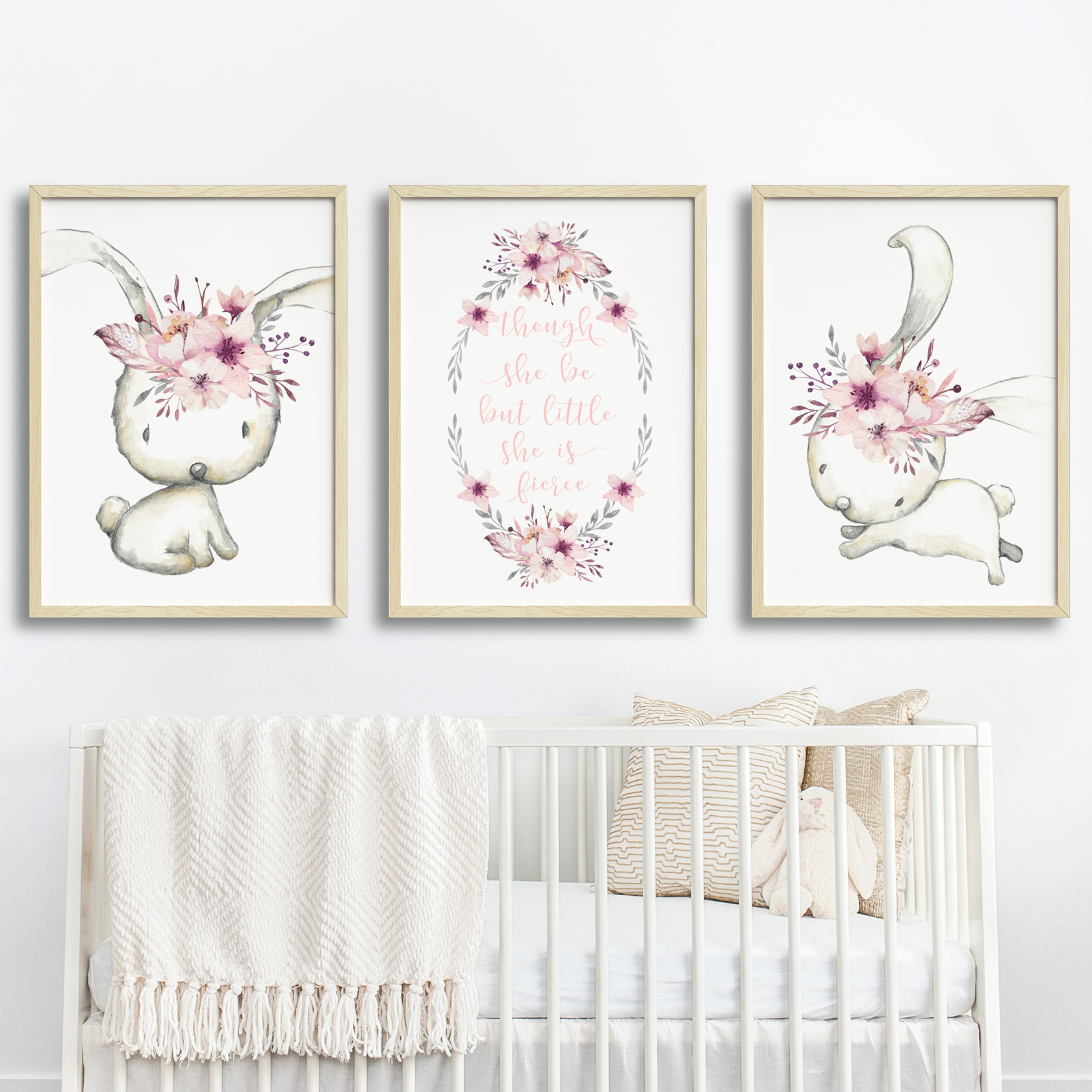 Girls Pink Floral Woodland Bunny Nursery Prints, Set of 3
