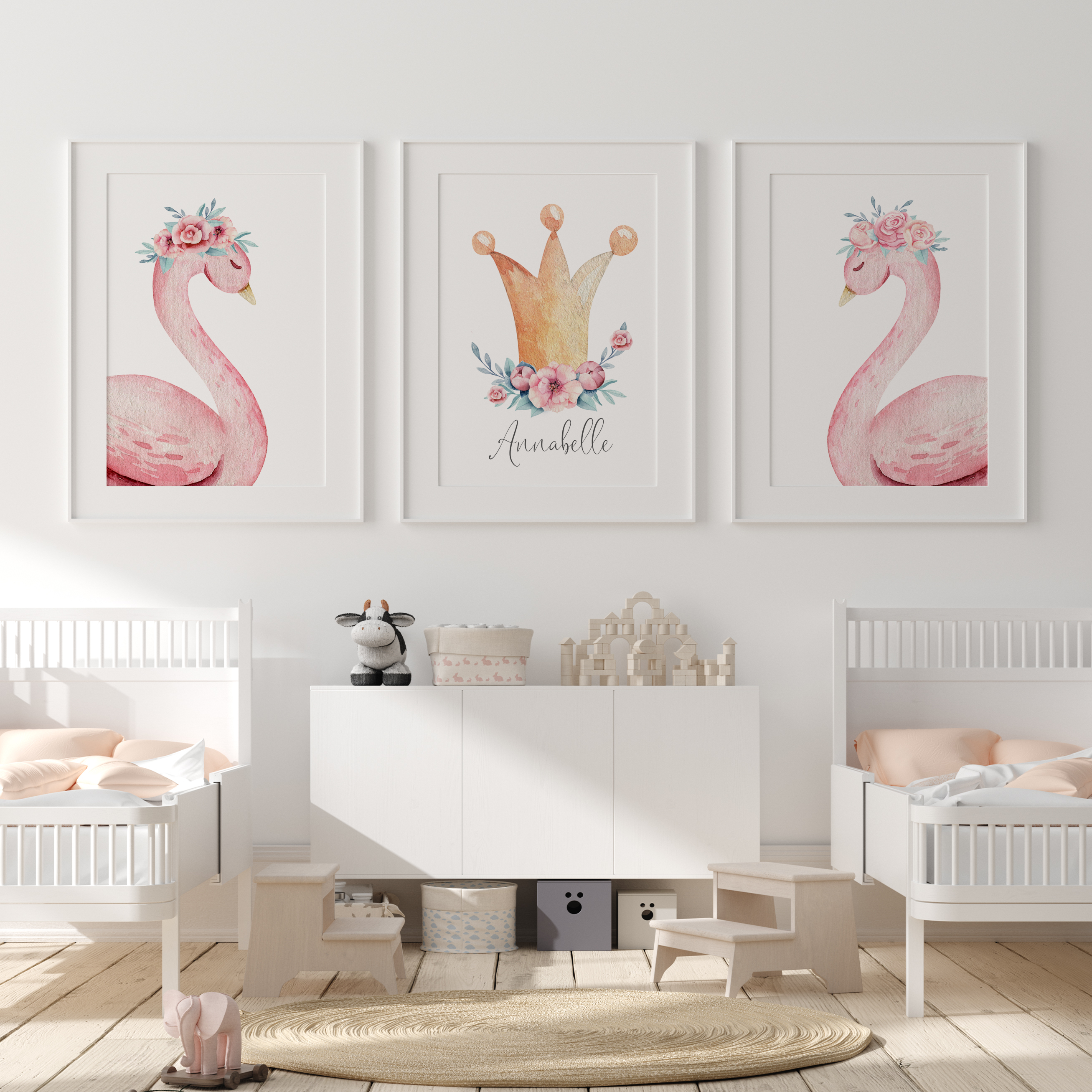 Pink Floral Watercolour Swans & Crown Name Prints
