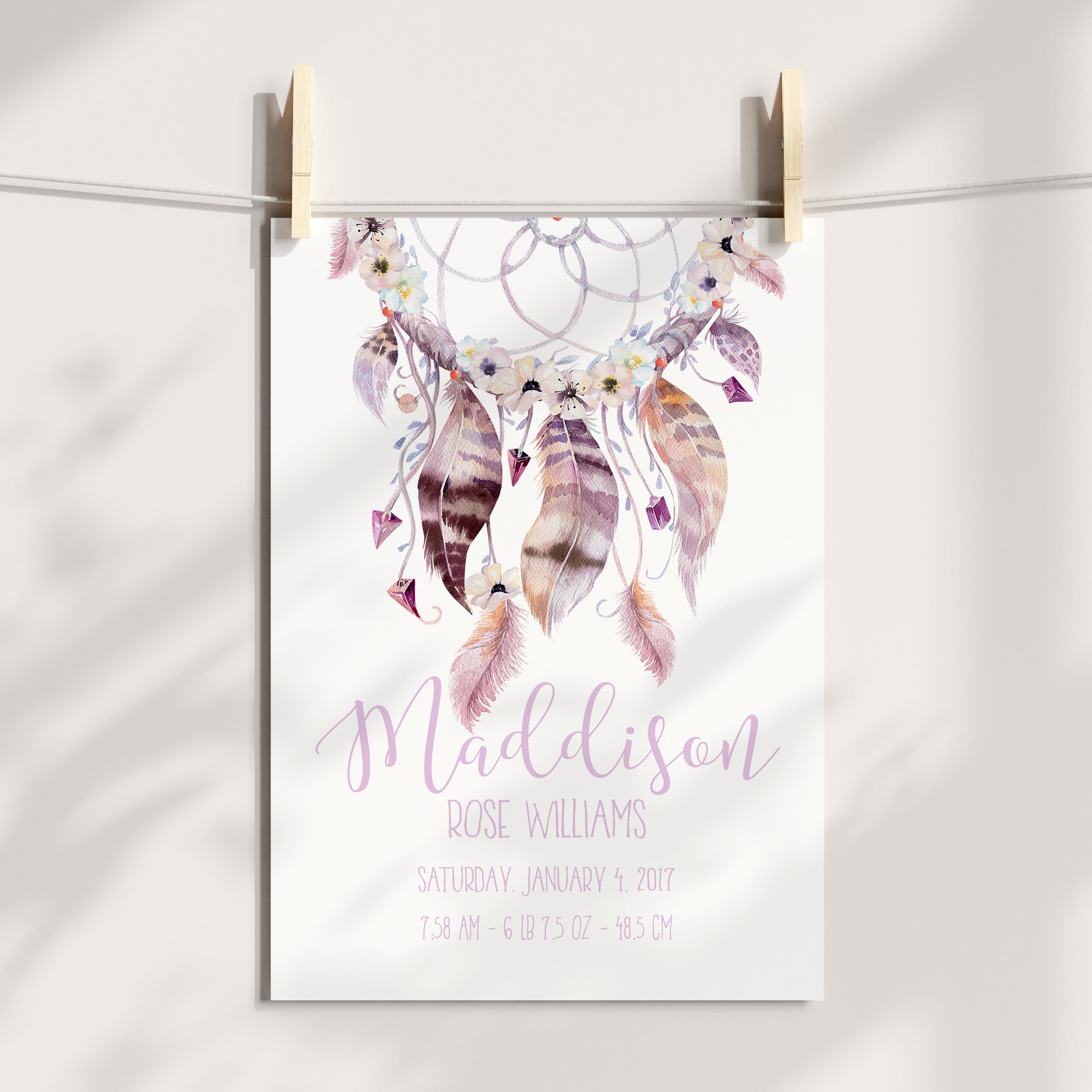 Woodland Boho Dreamcatcher Birth Print